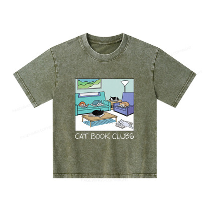 Pagewings Cat Book Clubs Unisex Kids Washed T-shirt