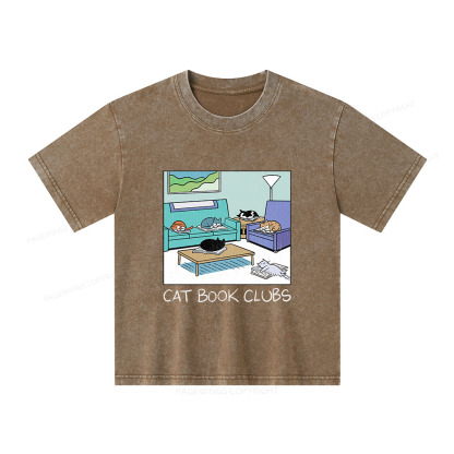 Pagewings Cat Book Clubs Unisex Kids Washed T-shirt