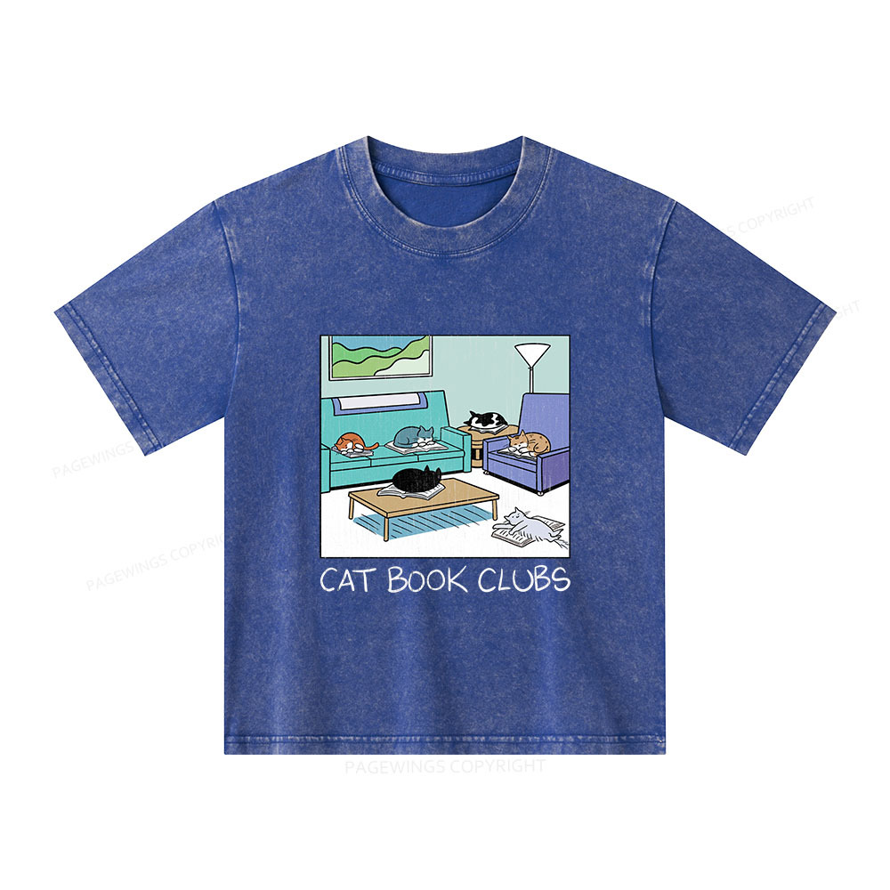 Pagewings Cat Book Clubs Unisex Kids Washed T-shirt