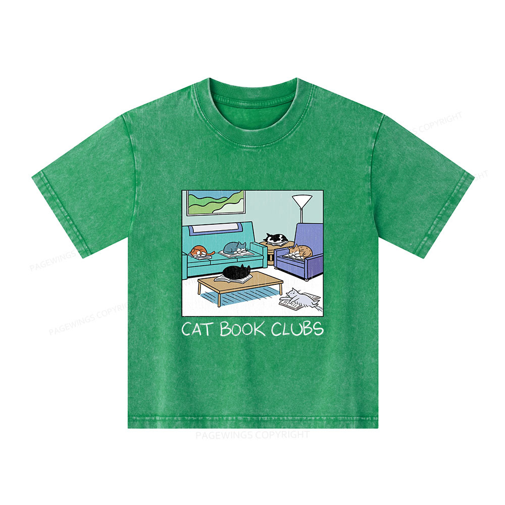 Pagewings Cat Book Clubs Unisex Kids Washed T-shirt