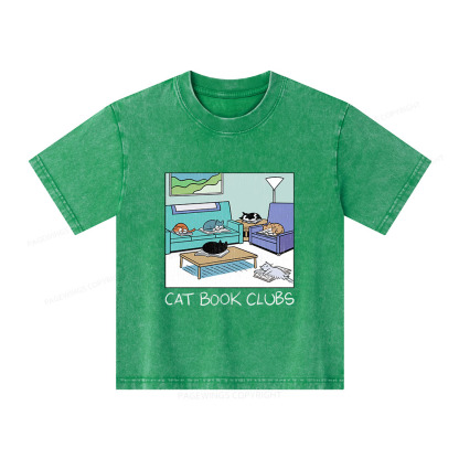 Pagewings Cat Book Clubs Unisex Kids Washed T-shirt