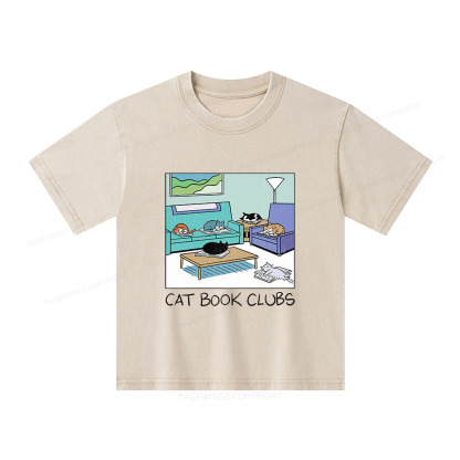 Pagewings Cat Book Clubs Unisex Kids Washed T-shirt