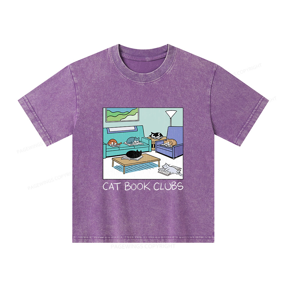 Pagewings Cat Book Clubs Unisex Kids Washed T-shirt