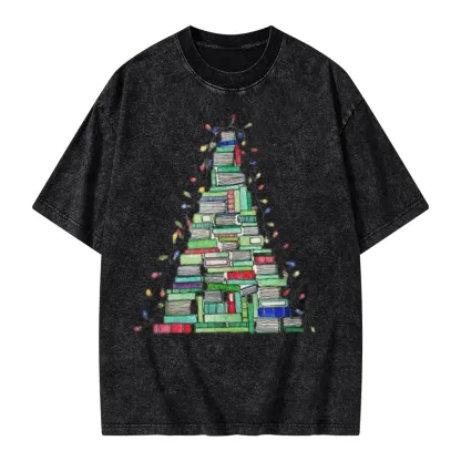Pagewings Christmas Book Tree Unisex Washed T-shirt