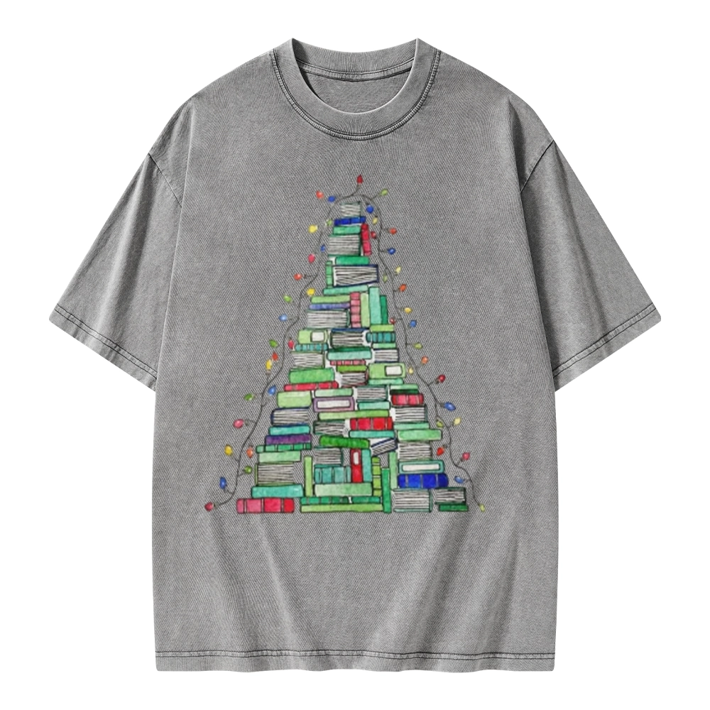 Pagewings Christmas Book Tree Unisex Washed T-shirt