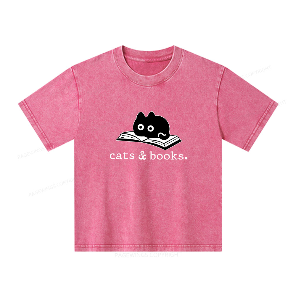 Pagewings Cats and Books Unisex Kids Washed T-shirt