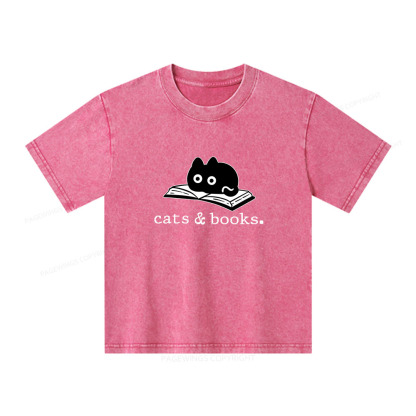 Pagewings Cats and Books Unisex Kids Washed T-shirt