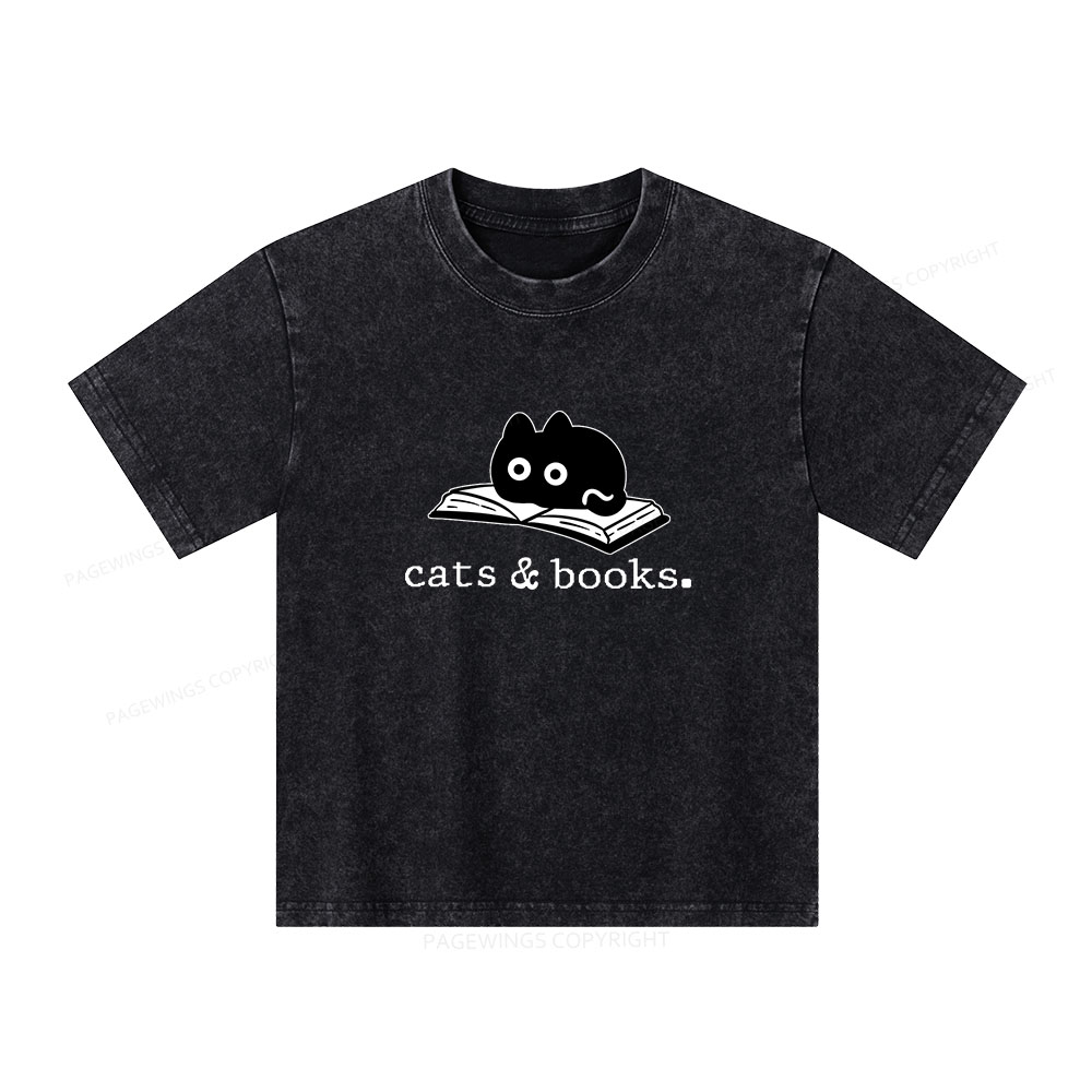 Pagewings Cats and Books Unisex Kids Washed T-shirt