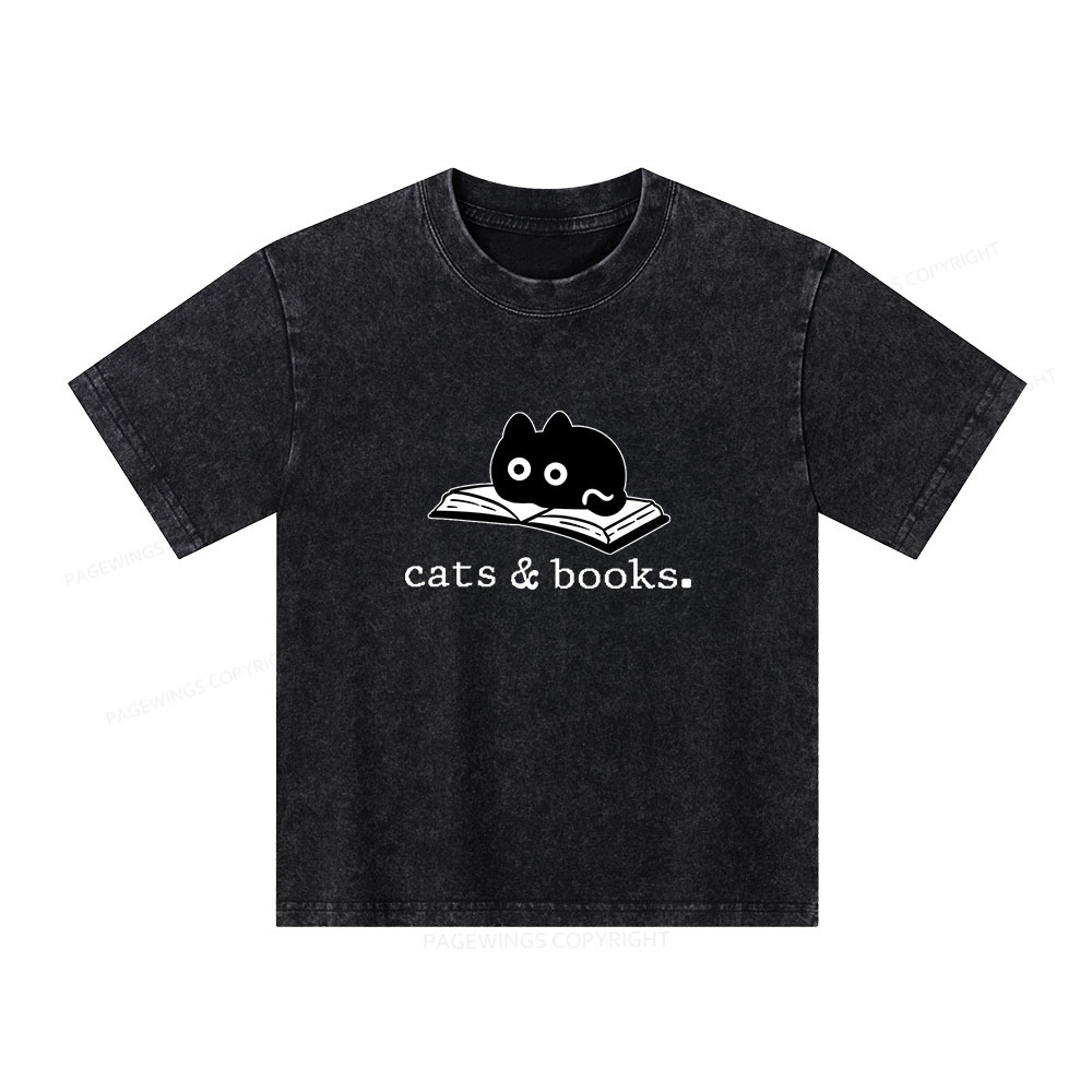 Pagewings Cats and Books Unisex Kids Washed T-shirt