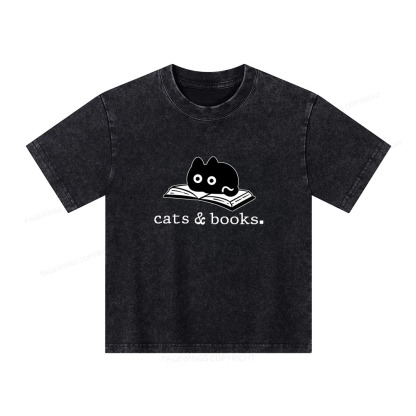 Pagewings Cats and Books Unisex Kids Washed T-shirt