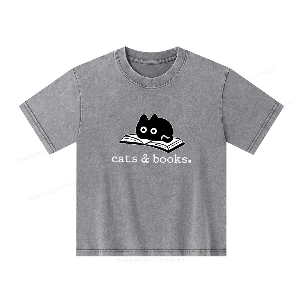 Pagewings Cats and Books Unisex Kids Washed T-shirt