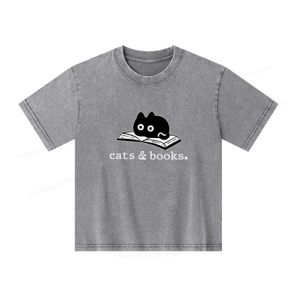 Pagewings Cats and Books Unisex Kids Washed T-shirt