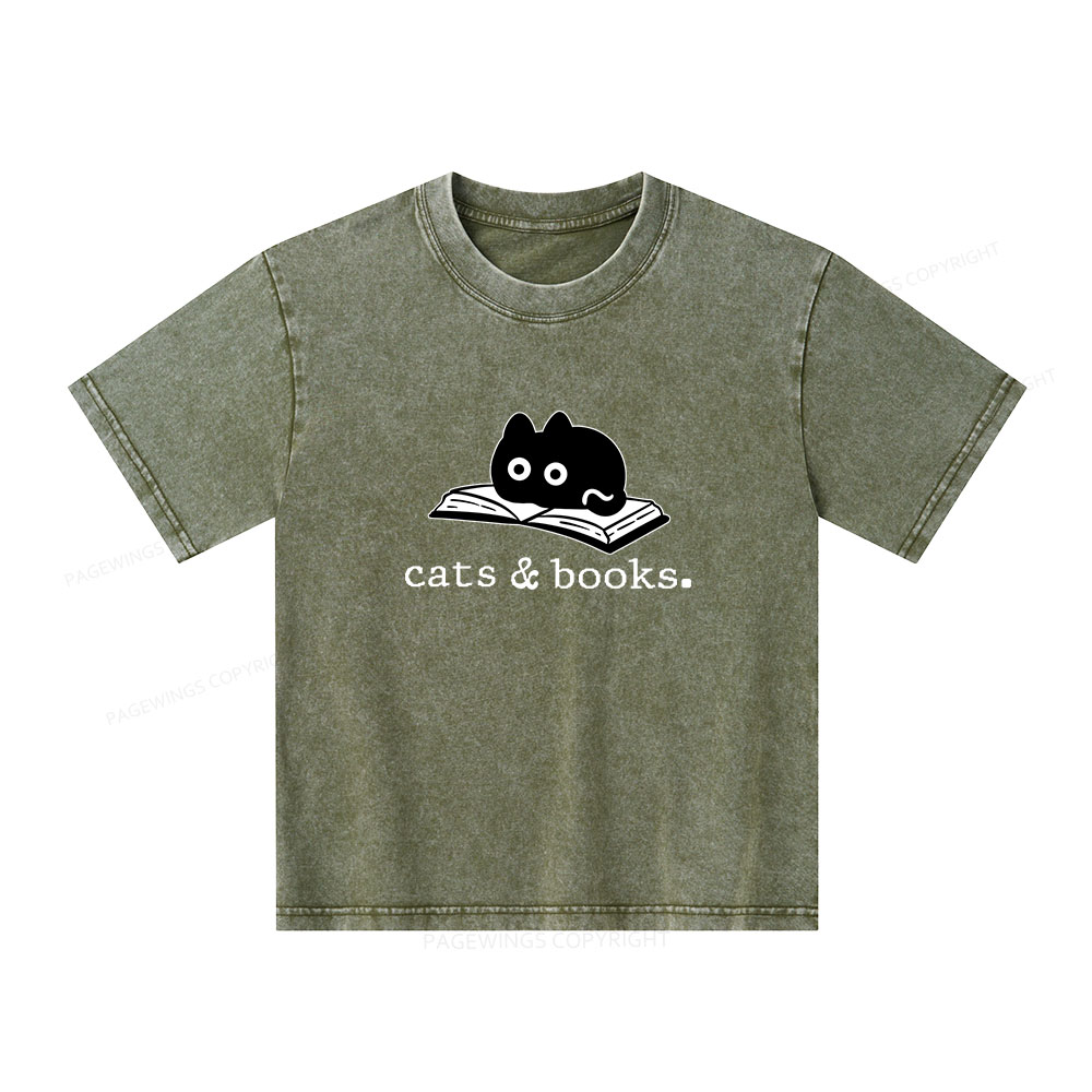 Pagewings Cats and Books Unisex Kids Washed T-shirt