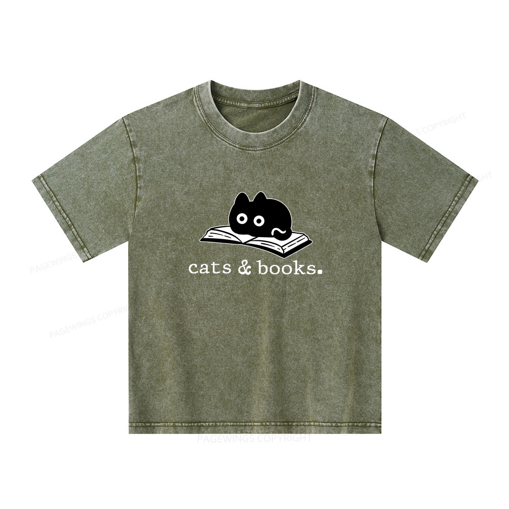 Pagewings Cats and Books Unisex Kids Washed T-shirt