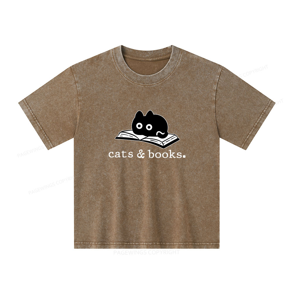 Pagewings Cats and Books Unisex Kids Washed T-shirt