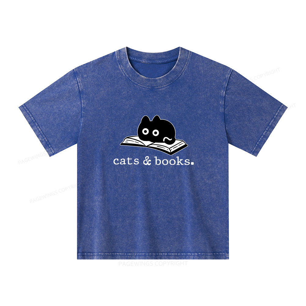 Pagewings Cats and Books Unisex Kids Washed T-shirt