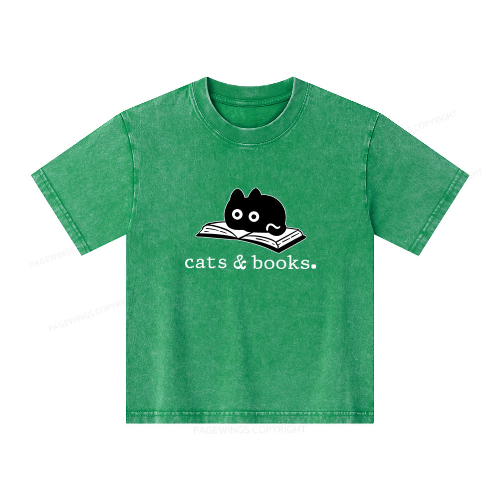 Pagewings Cats and Books Unisex Kids Washed T-shirt