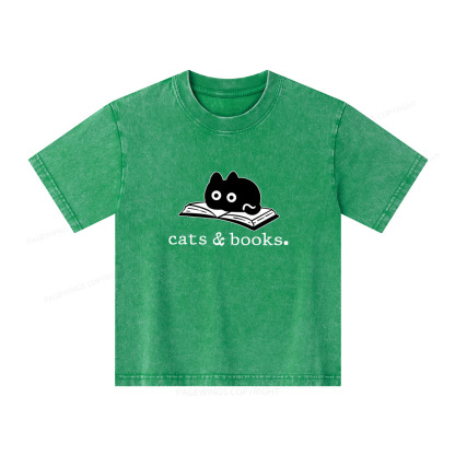 Pagewings Cats and Books Unisex Kids Washed T-shirt
