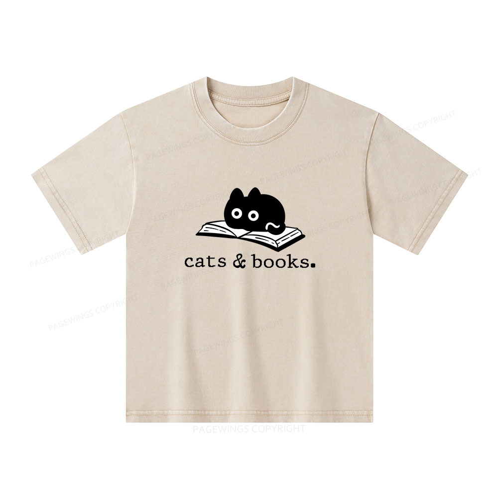 Pagewings Cats and Books Unisex Kids Washed T-shirt
