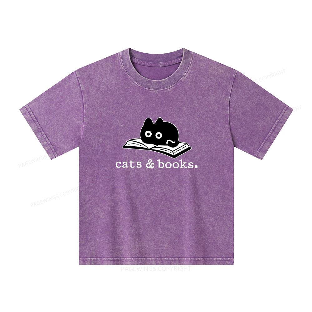 Pagewings Cats and Books Unisex Kids Washed T-shirt