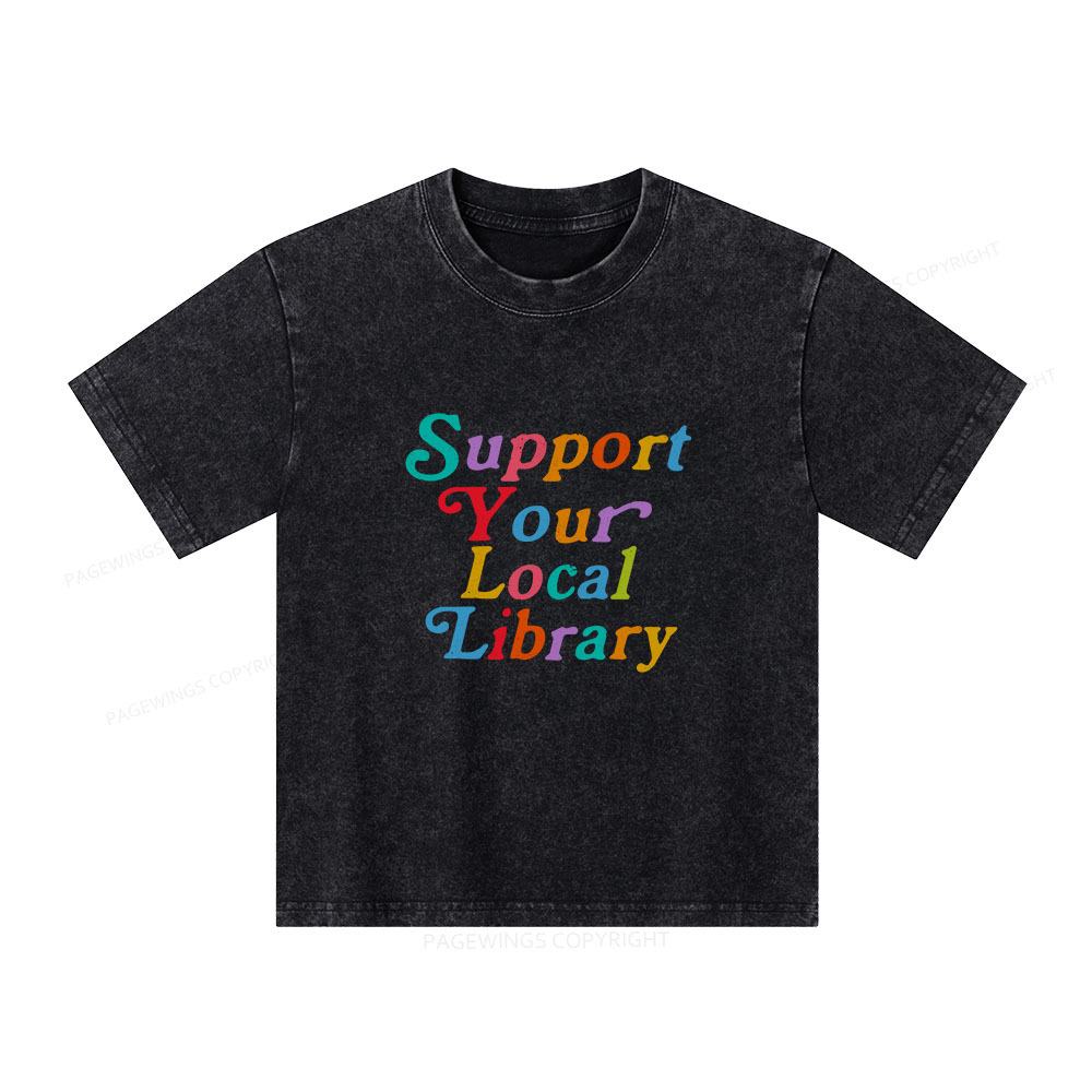 Pagewings Support Your Local Library Unisex Kids Washed T-shirt