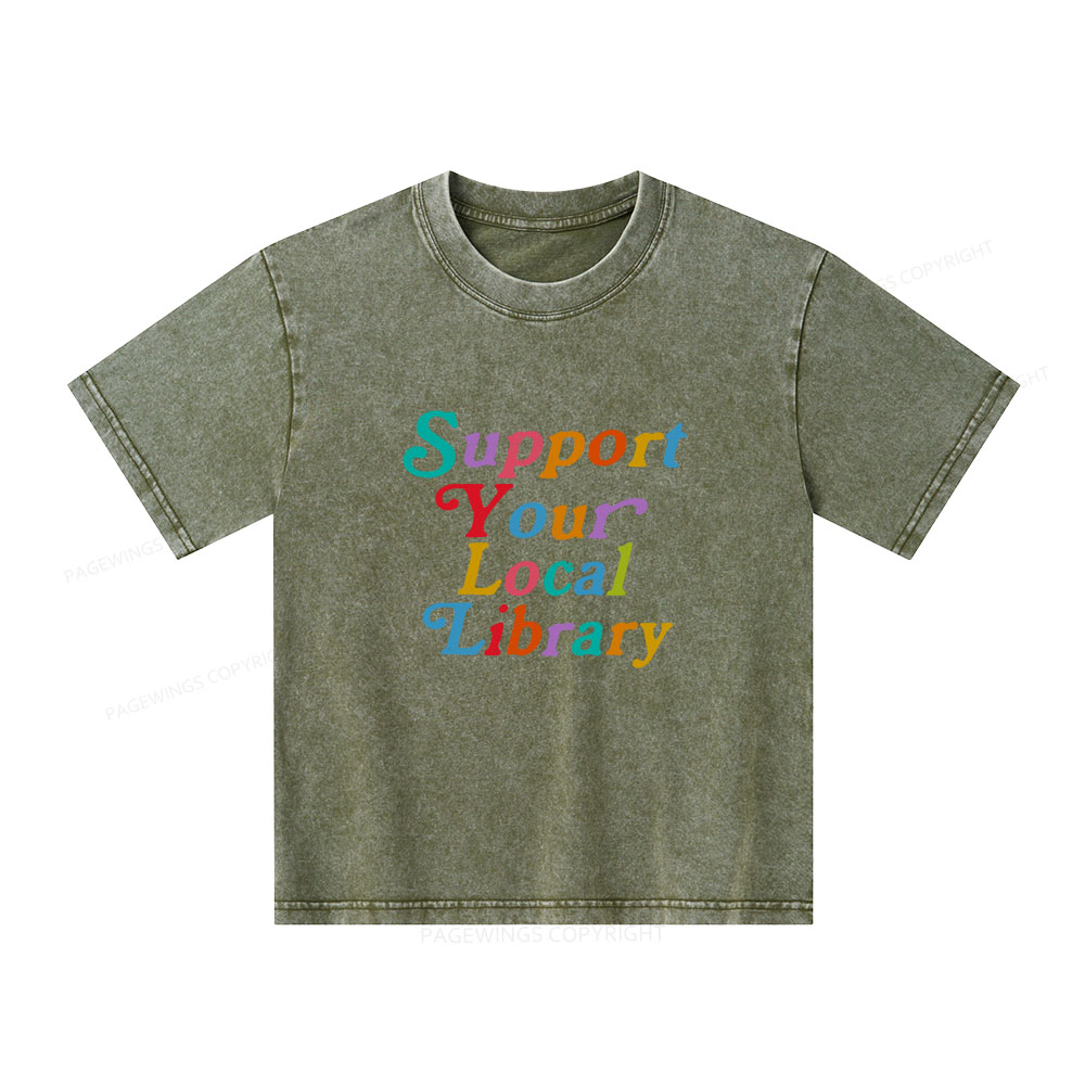 Pagewings Support Your Local Library Unisex Kids Washed T-shirt