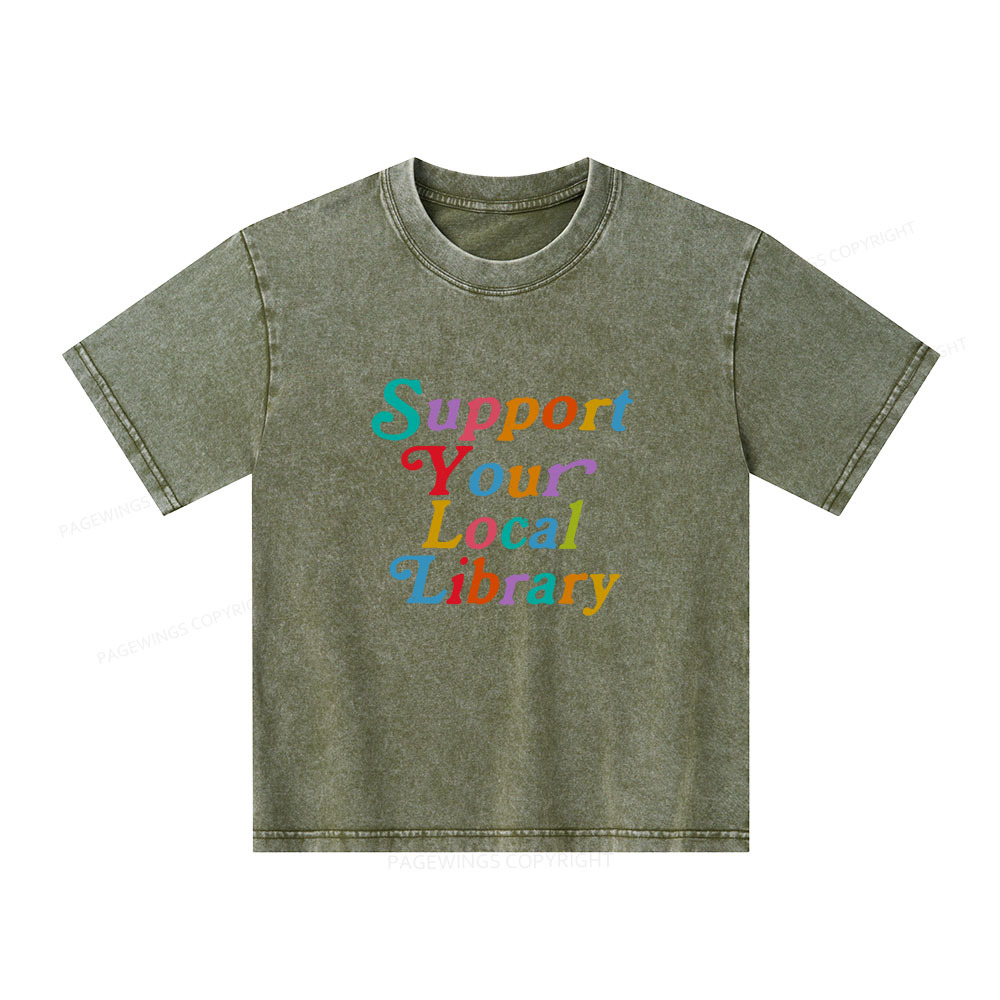 Pagewings Support Your Local Library Unisex Kids Washed T-shirt