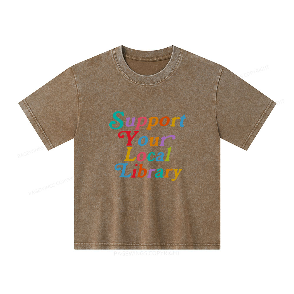 Pagewings Support Your Local Library Unisex Kids Washed T-shirt