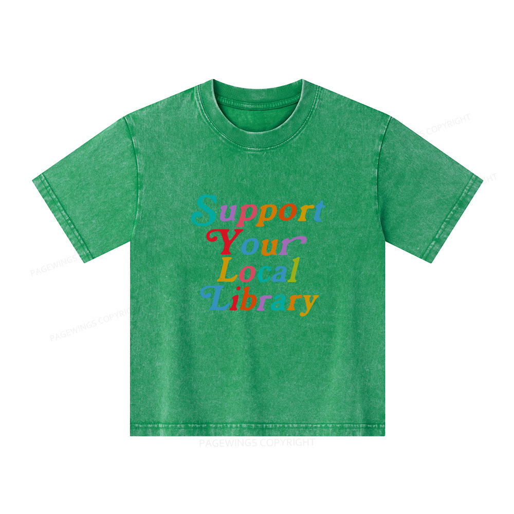 Pagewings Support Your Local Library Unisex Kids Washed T-shirt
