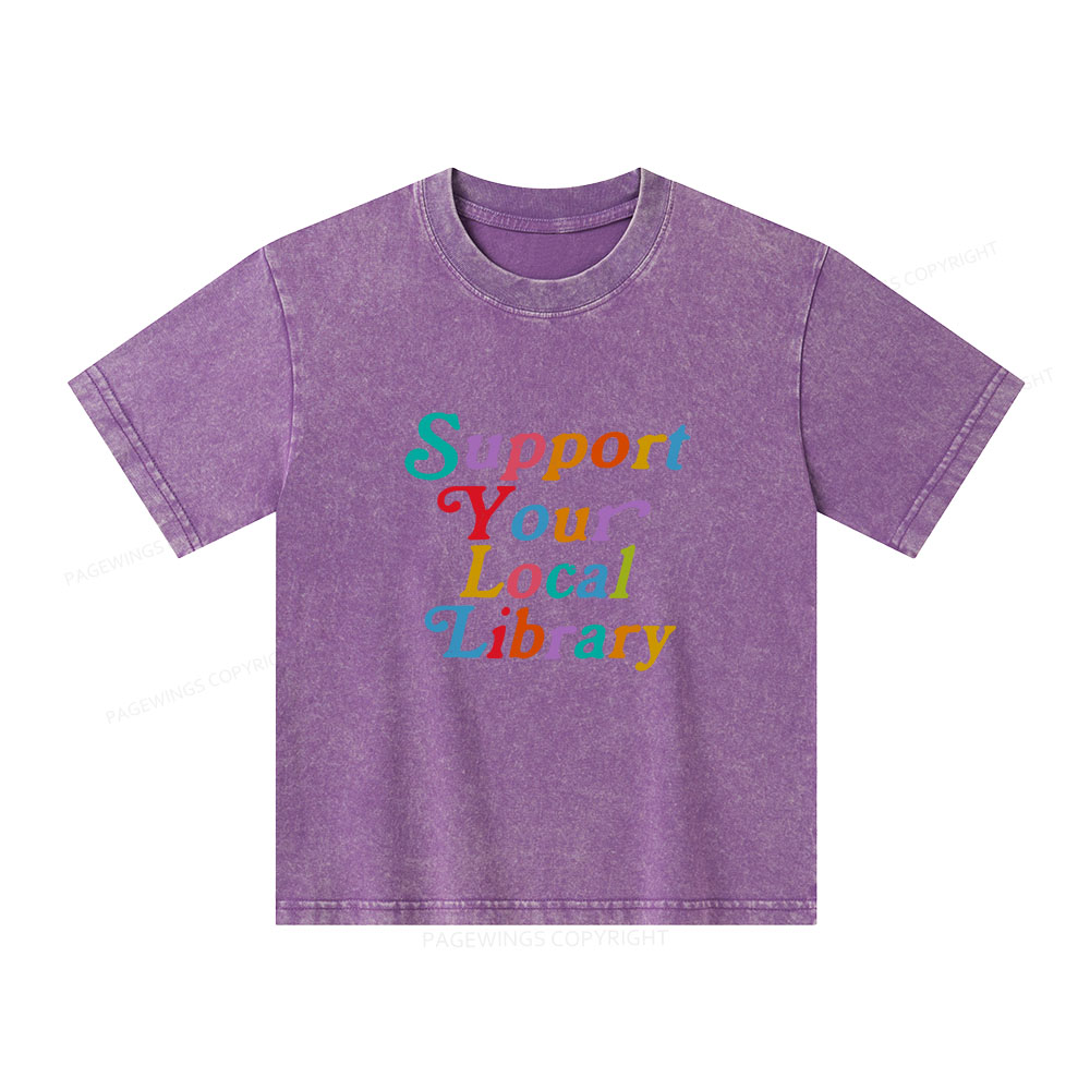 Pagewings Support Your Local Library Unisex Kids Washed T-shirt