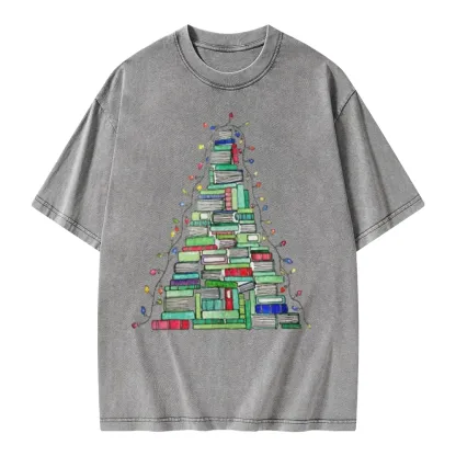 Pagewings Christmas Book Tree Unisex Washed T-shirt