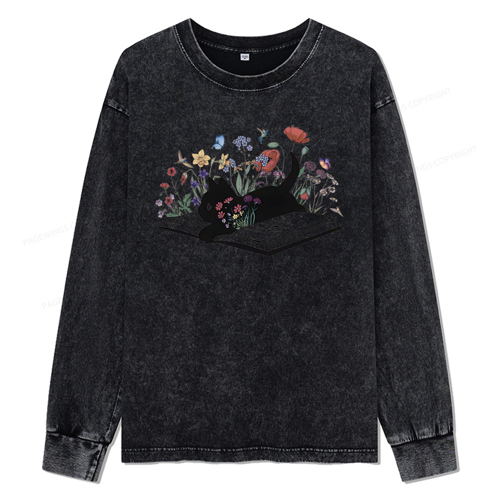 Pagewings Cute Book Cat Unisex Washed Long Sleeve T-shirt