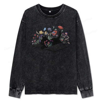 Pagewings Cute Book Cat Unisex Washed Long Sleeve T-shirt