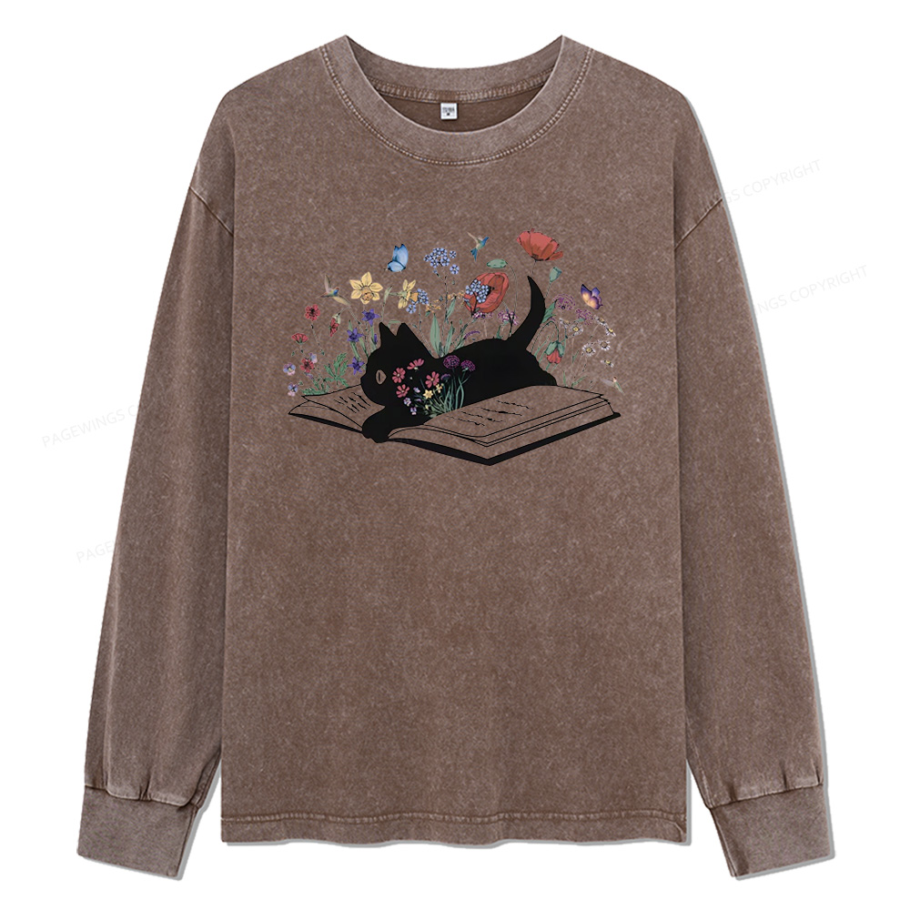 Pagewings Cute Book Cat Unisex Washed Long Sleeve T-shirt