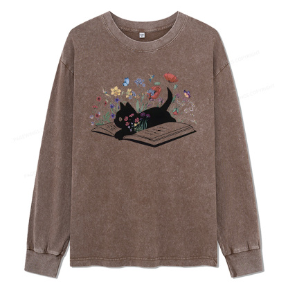 Pagewings Cute Book Cat Unisex Washed Long Sleeve T-shirt