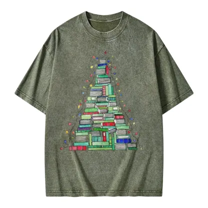 Pagewings Christmas Book Tree Unisex Washed T-shirt