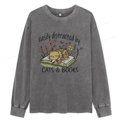 Pagewings Easily Distracted By Cats And Books Unisex Washed Long Sleeve T-shirt