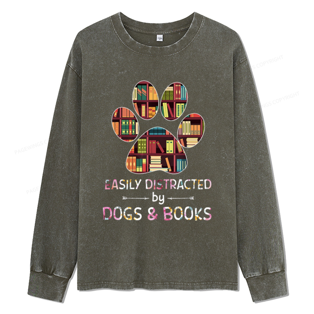 Pagewings Easily Distracted By Dogs And Books Unisex Washed Long Sleeve T-shirt