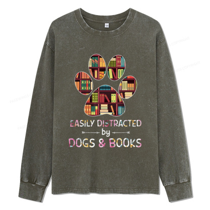 Pagewings Easily Distracted By Dogs And Books Unisex Washed Long Sleeve T-shirt