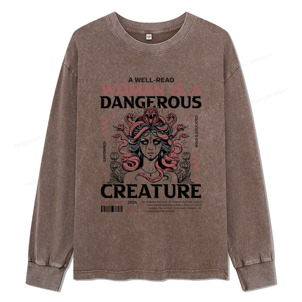Pagewings A Well-Read Woman is A Dangerous Creature Unisex Washed Long Sleeve T-shirt