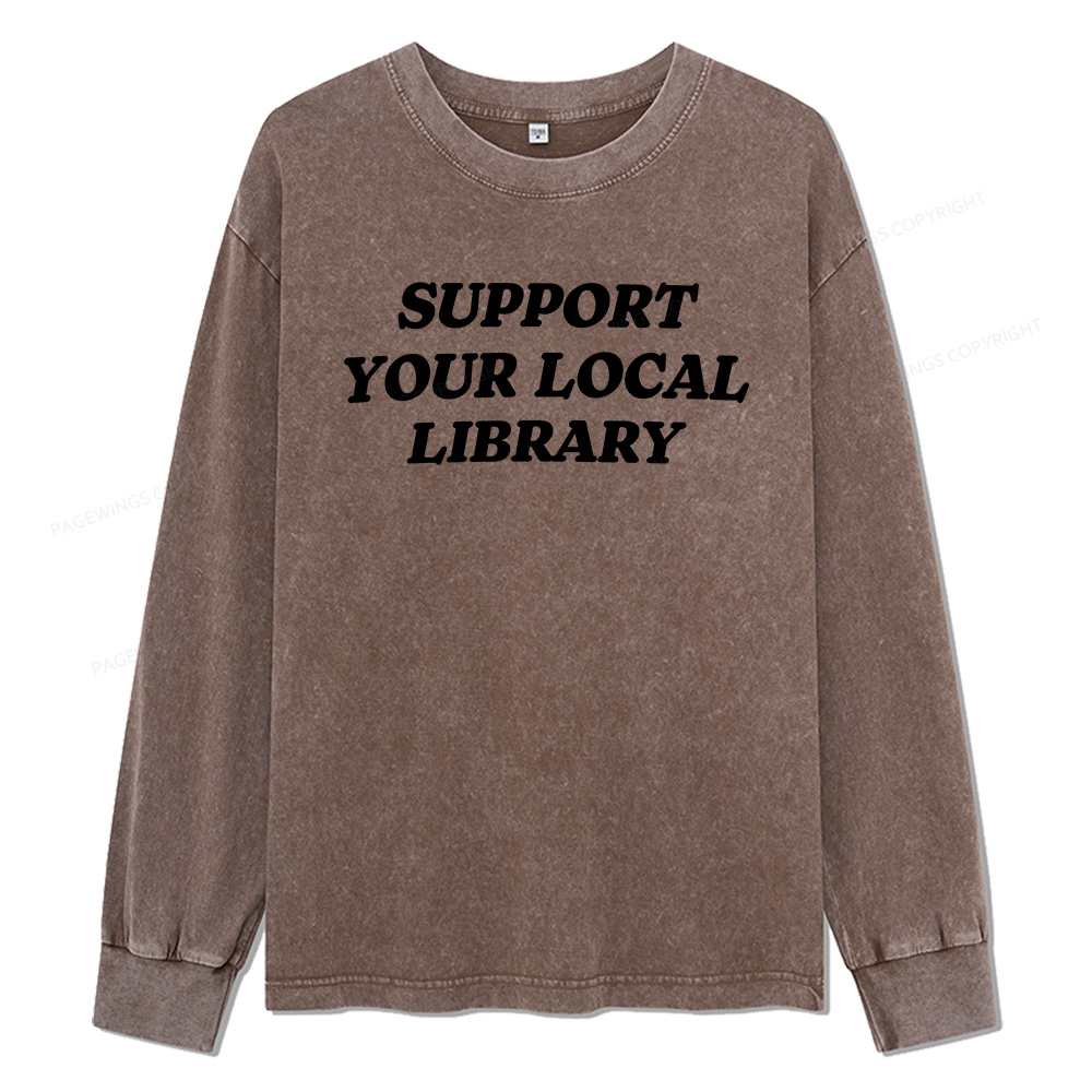 Pagewings Support Your Local Library Unisex Washed Long Sleeve T-shirt