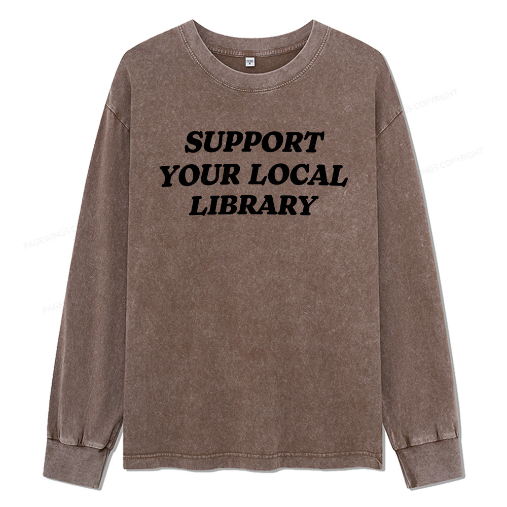 Pagewings Support Your Local Library Unisex Washed Long Sleeve T-shirt