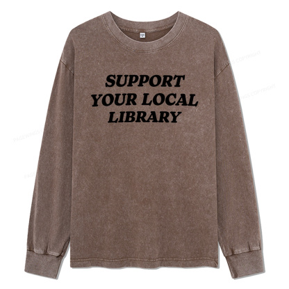 Pagewings Support Your Local Library Unisex Washed Long Sleeve T-shirt