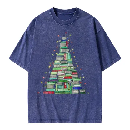 Pagewings Christmas Book Tree Unisex Washed T-shirt