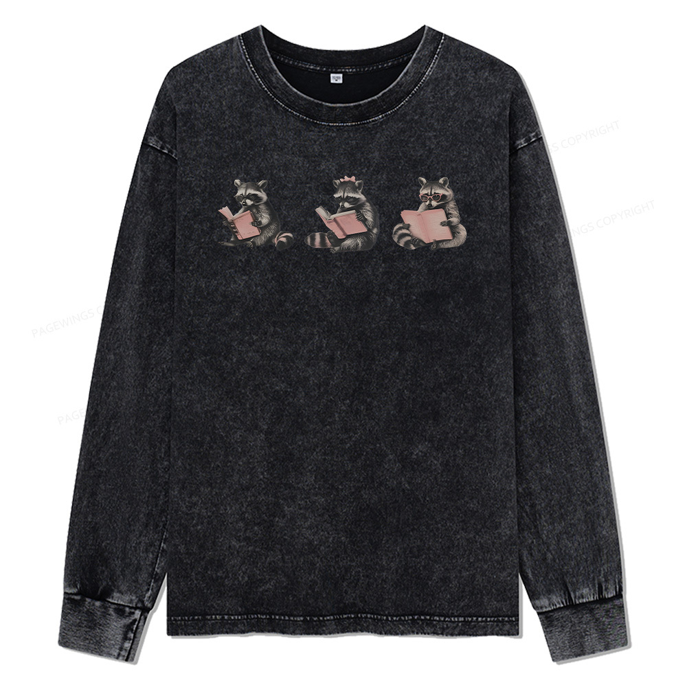 Pagewings Funny Raccoon Bookish Gift Unisex Washed Long Sleeve T-shirt