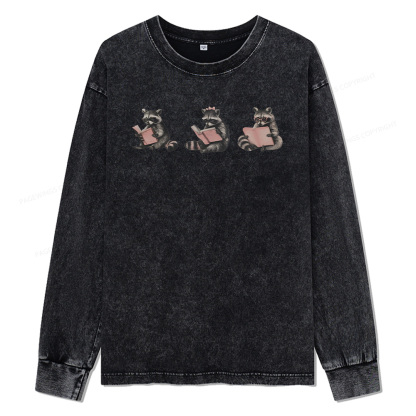 Pagewings Funny Raccoon Bookish Gift Unisex Washed Long Sleeve T-shirt