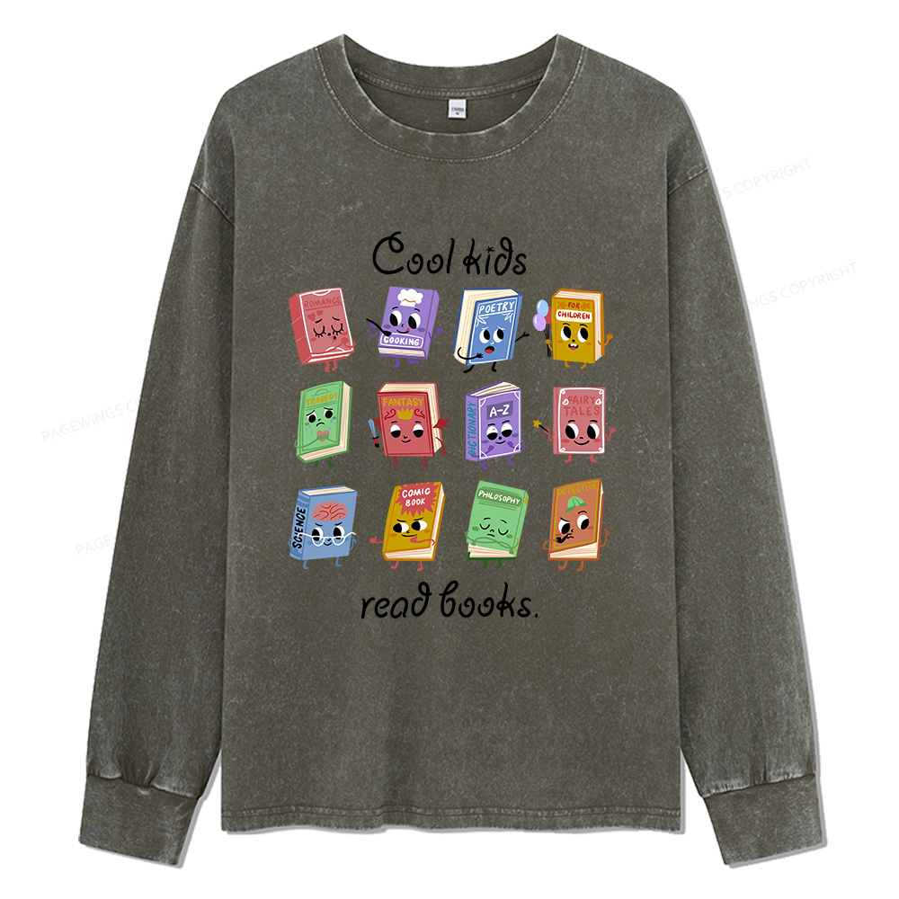 Pagewings Cool Kids Read Books Unisex Washed Long Sleeve T-shirt