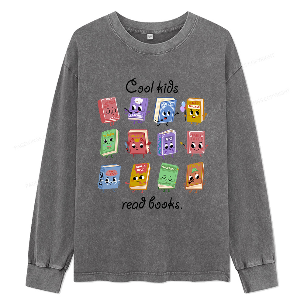 Pagewings Cool Kids Read Books Unisex Washed Long Sleeve T-shirt