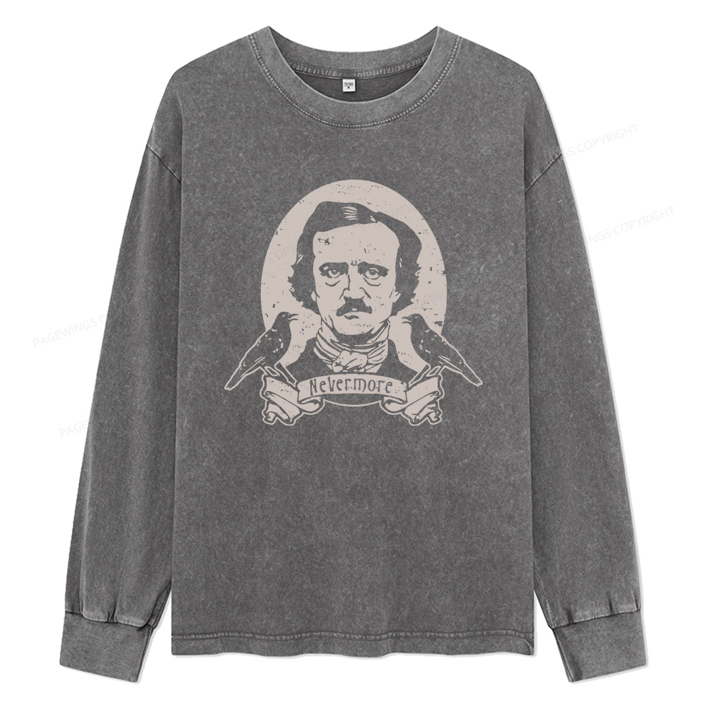 Pagewings Never More Edgar Allan Poe And The Raven Unisex Washed Long Sleeve T-shirt