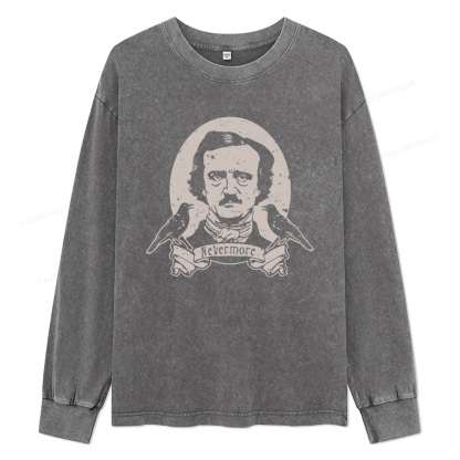 Pagewings Never More Edgar Allan Poe And The Raven Unisex Washed Long Sleeve T-shirt